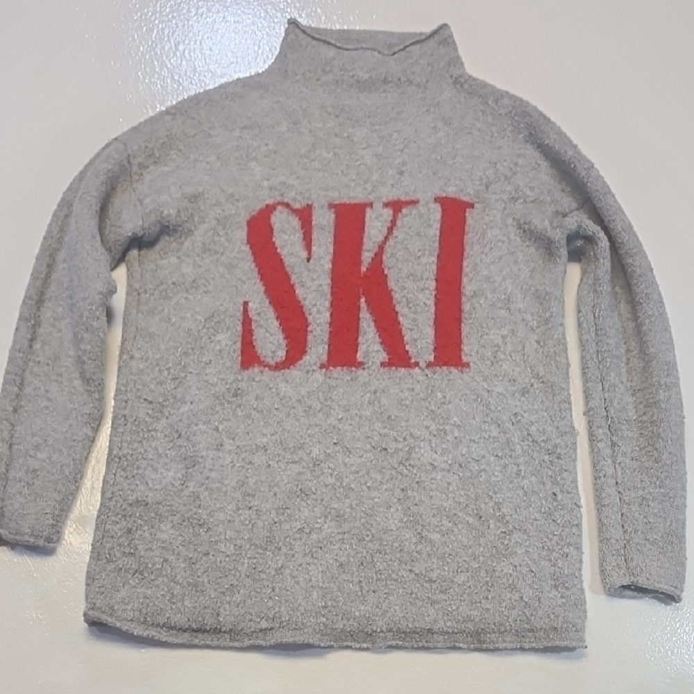 cupcakes & cashmere Medium Gray Turtleneck Sweater with Red 'SKI' Logo